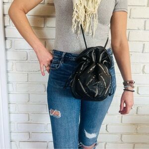 Vintage Black Leather Drawstring Crossbody Pouch Bag